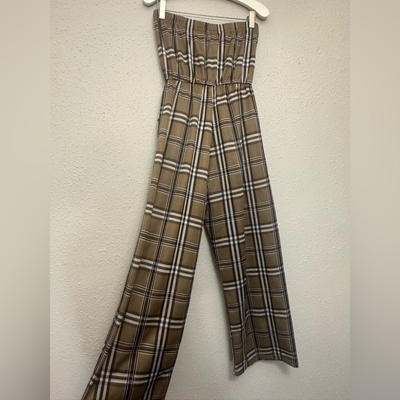 Brown and White Plaid Jumpsuit with High Waist and Wide Legs - Picture 5 of 6